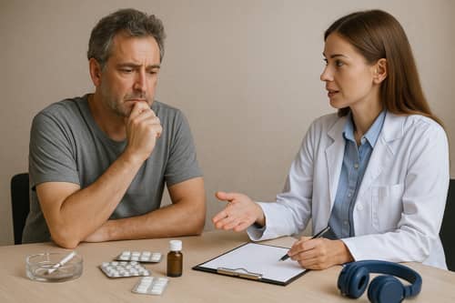 Gängige Rauchen aufhören Methoden Ärztin und Raucher besprechen gängige Rauchen aufhören Methoden